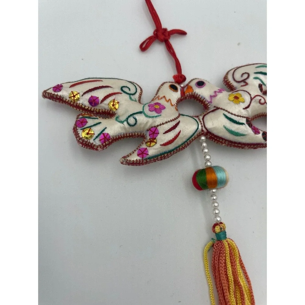 Dove Ornament Pair Embroidered Birds Tassels Hanging‎ Decoration Boho Chic